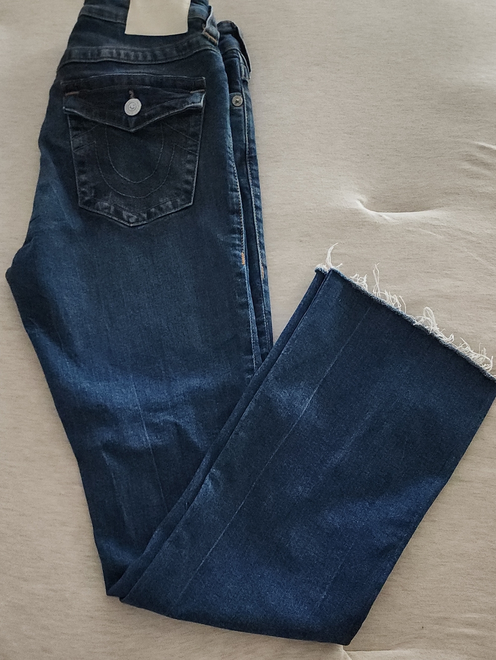 True Religion Dark Blue Bootcut Jeans with Frayed Hem